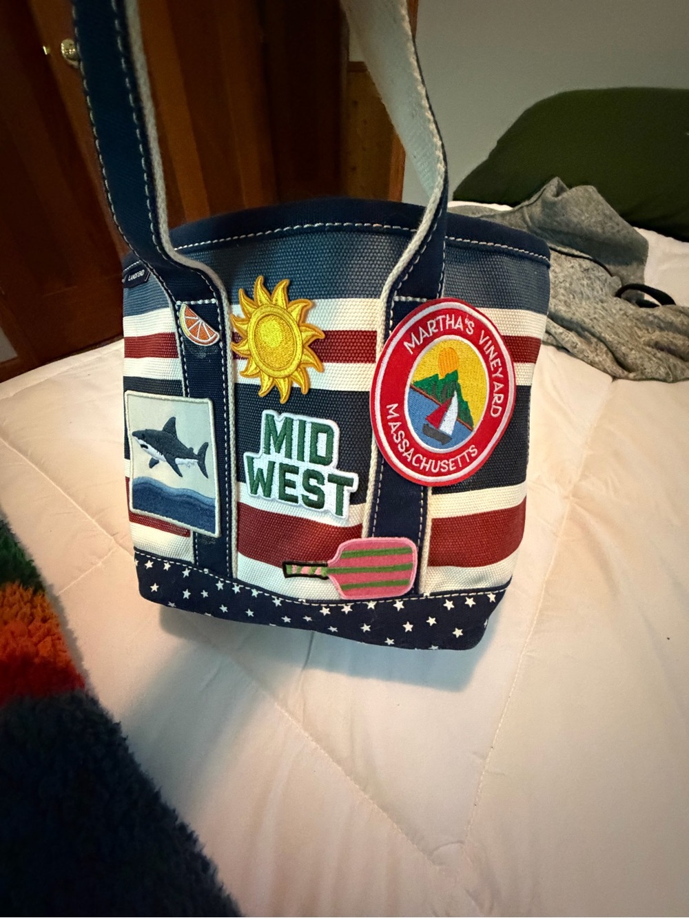 Lands' End Navy, White & Burgundy Striped Tote with Appliqué Dachshund - Picture 5 of 7